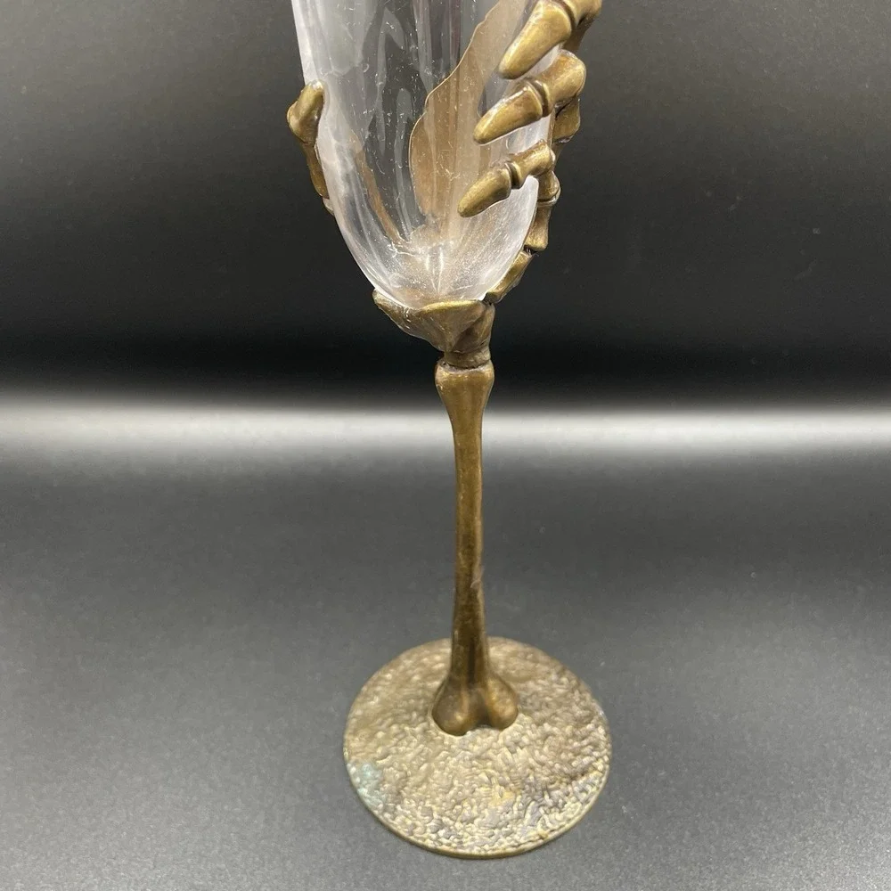 Skeleton Hand Fluted Champagne Glass‎ Gold Metal Base Clear Glass Halloween